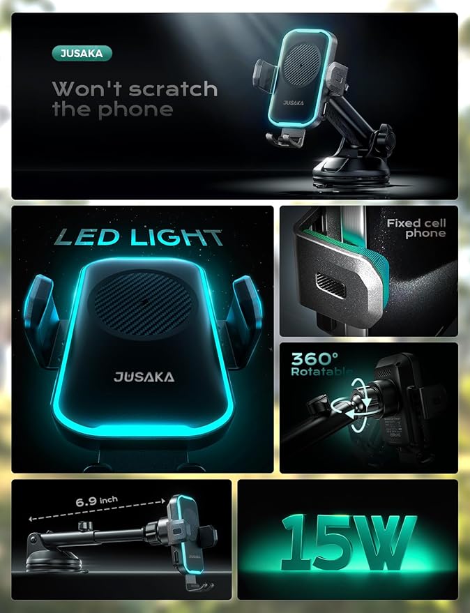 JUSAKA Wireless Car Charger,15W Fast Charging Auto Clamping Phone Holders for Your Car Compatible with iPhone 16/15/14/13, for Samsung Galaxy S24 Ultra S23 S22 S21, S20, S10+ (Black)