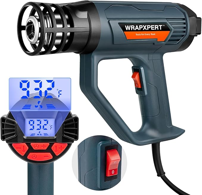 WRAPXPERT Heat Gun for Vinyl Wrap/Window Tint with Digital LCD 2000W 122℉-1202℉(50℃- 650℃) Variable Temperature Control Memory Function for Car Wrap, Crafts, Shrinking Tubing, Stripping Paint