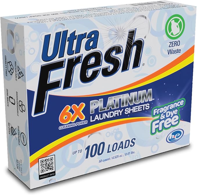Ultra Fresh Platinum 2 Pack Laundry Soap Detergent Sheets, Ultra Concentrated, Stain Fighting, Fragrance & Dye Free, 200 Loads