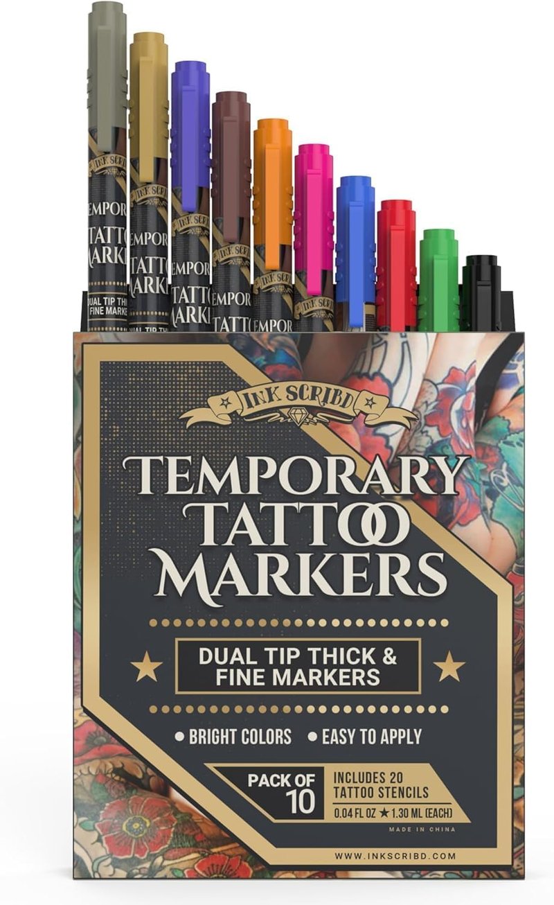 Tattoo Pen Kit for Skin â 10 Temporary Tattoo Markers with Dual Tips & 20 Stencils, Body-Safe Ink for Face, Hands & Arms â Fun Body Art Pens for Kids, Teens, Parties, Festivals & Costume Design
