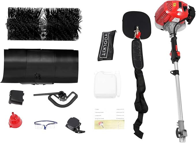 52cc 2-Stroke Gasoline Power Broom 2.3HP 1.7KW Hand Held Gas Power Broom Walk Behind Sweeper Cleaning Driveway Tools, for Sweeping boulevards, driveways, lawns, Sidewalks