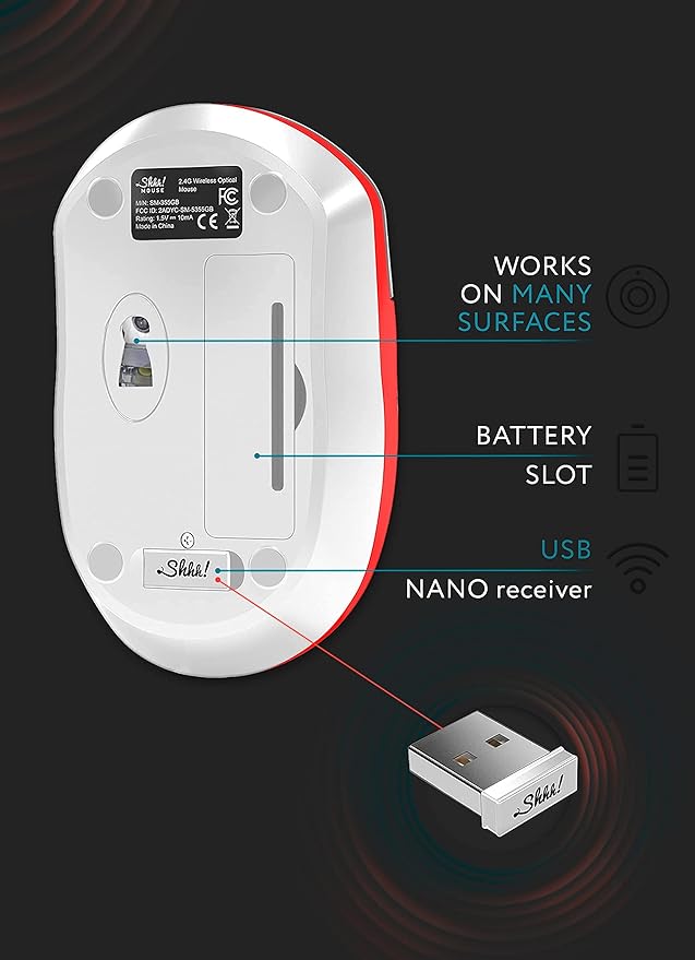 SHHHMOUSE – Wireless Silent Optical Mouse with USB Receiver and Batteries – Cordless, Portable, Quiet Click Mouse for PC, Laptop, Chromebook, Computer
