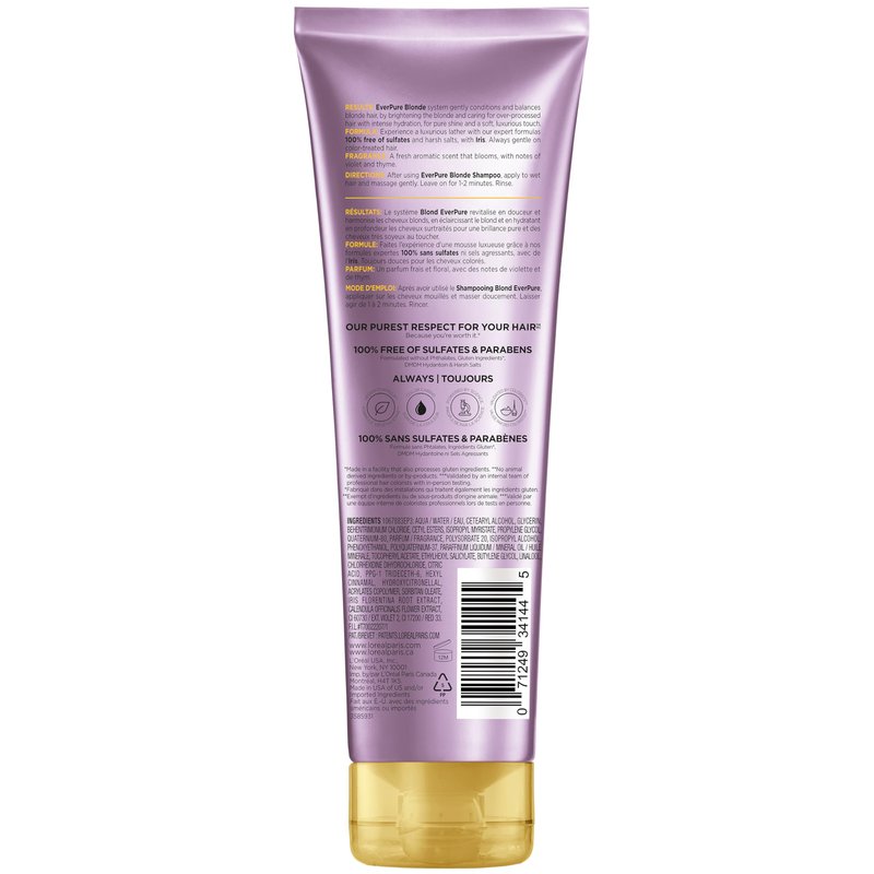 L'Oreal Paris Blonde Sulfate Free Conditioner for Color-Treated Hair, Neutralizes Brass + Balances, EverPure, 8.5 Fl Oz (Packaging May Vary)