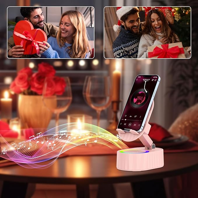 AKLLCCR Wireless Induction Audio Bluetooth Speaker 5in1 Phone Holder Emergency Rechargeable (3000mAh) with Colorful Ambient Light 300° Foldable for Tablet iPhone Android, Womens Birthday Gifts(Pink)