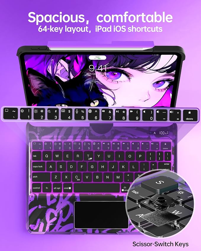 Intermerge Transparent Case with Keyboard for iPad Air 13"(M4/ M3/ M2, 2026/2025/ 2024) & Pro 12.9" (2022-2018) - 360° Swivel Multi-Touch Trackpad, 7-Color Backlit, Pencil Holder, Neon Pulse