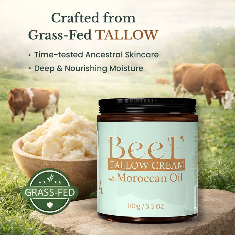 Beef Tallow for Skin - Organic Grass Fed Beef Tallow Balm, Whipped Beef Tallow for Face & Body, Moisturizer for Dry Skin, Shea Butter with Moroccan Oil (3.5 oz)