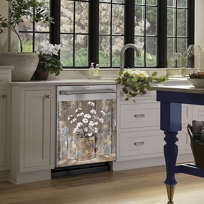 Vintage Wood Dishwasher Cover Kitchen Decorative,Rustic Wooden Dishwasher Magnet Cover Decor Cotton Flower Sticker,Retro Farm Floral Dishwasher Decal Home Appliance Panel Stickers 23"x17"