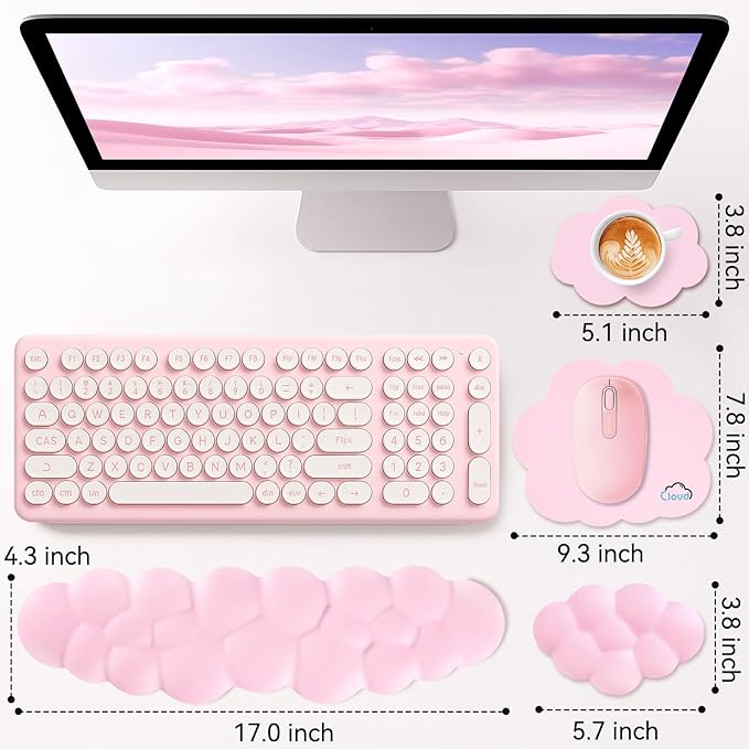Sushret Cloud Wrist Rest for Computer Keyboard, 4-in-1 Memory Foam Leather Cloud Keyboard Wrist Rest and Mouse Pad Set with Ergonomic Support for Arm and Palm Cushion, Gaming/Work Setup, Pink