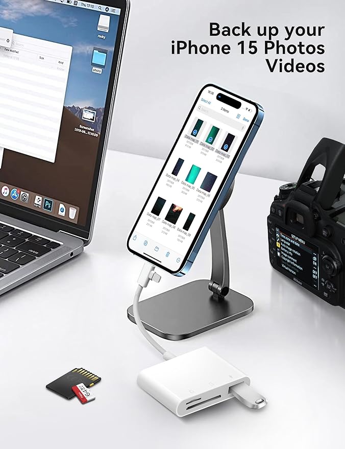 OPxjzws SD Card Reader for iPhone, SD Card Adapter with Lightening & USB C Dual Connectors Plug&Play Supports microSD, SD and USB-A OTG, Portable Trail Camera Memory Reader for iPhone Mac MacBook iPad