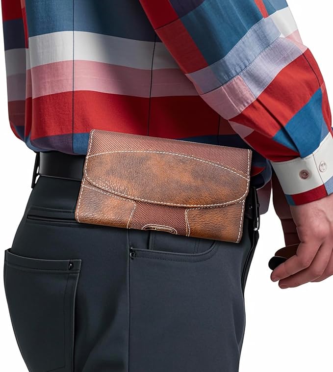 Maezar Leather Phone Holster for Men with Belt Clip, Cell Phone Holder for iPhone 17/16/15/14/13/12 Pro, Galaxy S24/S23/S21, Belt Pouch Case Magnetic Closure (Brown-L)