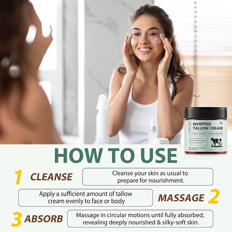 Whipped Beef Tallow Skin Face Moisturizer - Organic Grass-Fed Tallow with Honey Cream | Unscented, 2-Pack