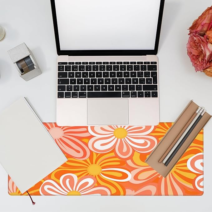 Eflxamz Desk Pad - Hippie Vintage Orange Flowers Desk Mat, Retro Floral Large Gaming Mouse Pad with Non-Slip Base and Stitched Edge, 31.5"x11.8"