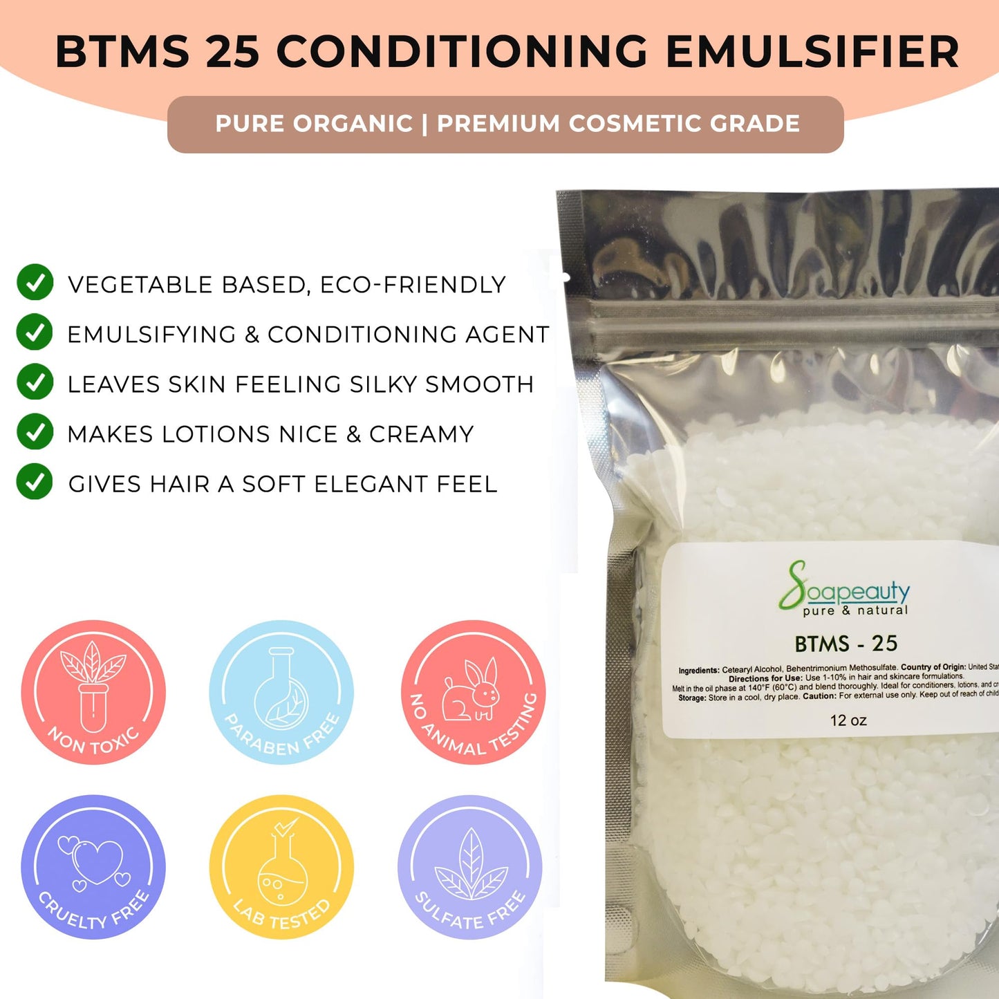 Soapeauty BTMS-25 (Behentrimonium Methosulfate & Cetearyl Alcohol) | Conditioning Emulsifier for Hair Care & Leave-In Formulations | 32 oz