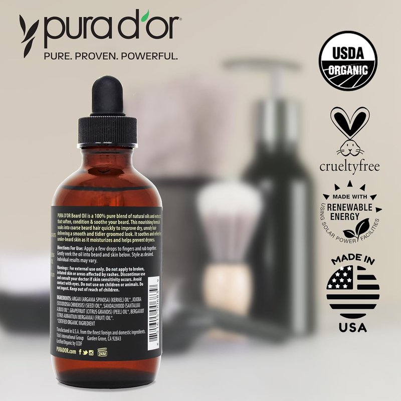 PURA D'OR Organic Beard Softening Oil - Sandalwood Scent | Argan & Jojoba Oil for Softness & Strength - 4 Oz