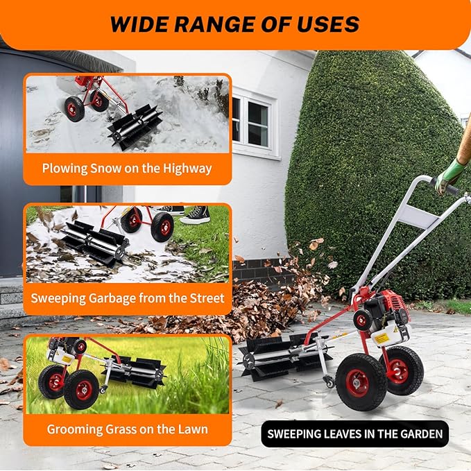 Gas Power Sweeper Broom, 43cc 1.7HP 2-Stroke Handheld Gas Power Held Sweeper Broom Grass Walk Behind Hand Lawn Sweeper with Wheels for Cleaning Driveway Farms Parks Turf