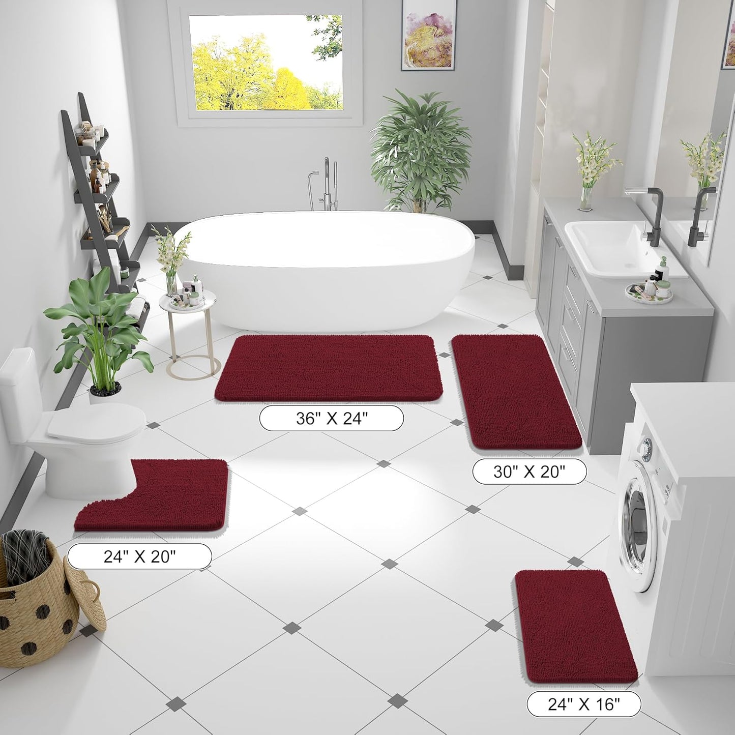 OLANLY U-Shaped Toilet Rugs - Extra Soft, Absorbent Chenille Bath Mat | 24x20, Burgundy, Machine Washable