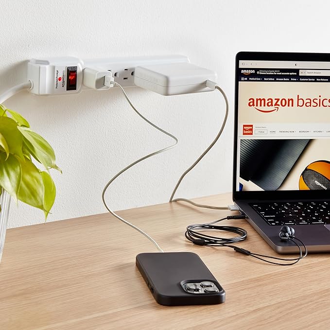 Amazon Basics Surge Protector Power Strip, 6-Outlet with 200J Protection, Circuit Breaker, LED Indicator, On/Off Switch, Wall-Mounting, 2ft Extension Cord, White, 2-Pack