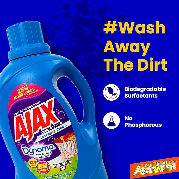 Ajax + Dynamo Mountain Air Laundry Detergent Liquid â Totally Awesome Cleaner with Deep Clean Power, Stain & Odor Remover, HE Compatible, 134oz (Pack of 4), 356 Loads, Fresh Scent