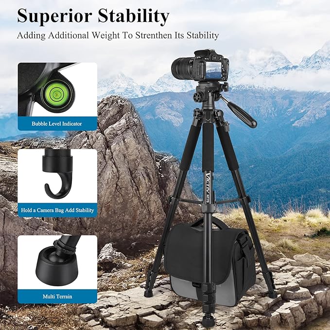 VICTIV 74” Camera Tripod, Tripod for Camera and Phone, Aluminum Professional Tripod Stand for Canon Nikon with Carry Bag and Phone Holder, Compatible with DSLR, iPhone, Spotting Scopes, Max Load 9.5Lb