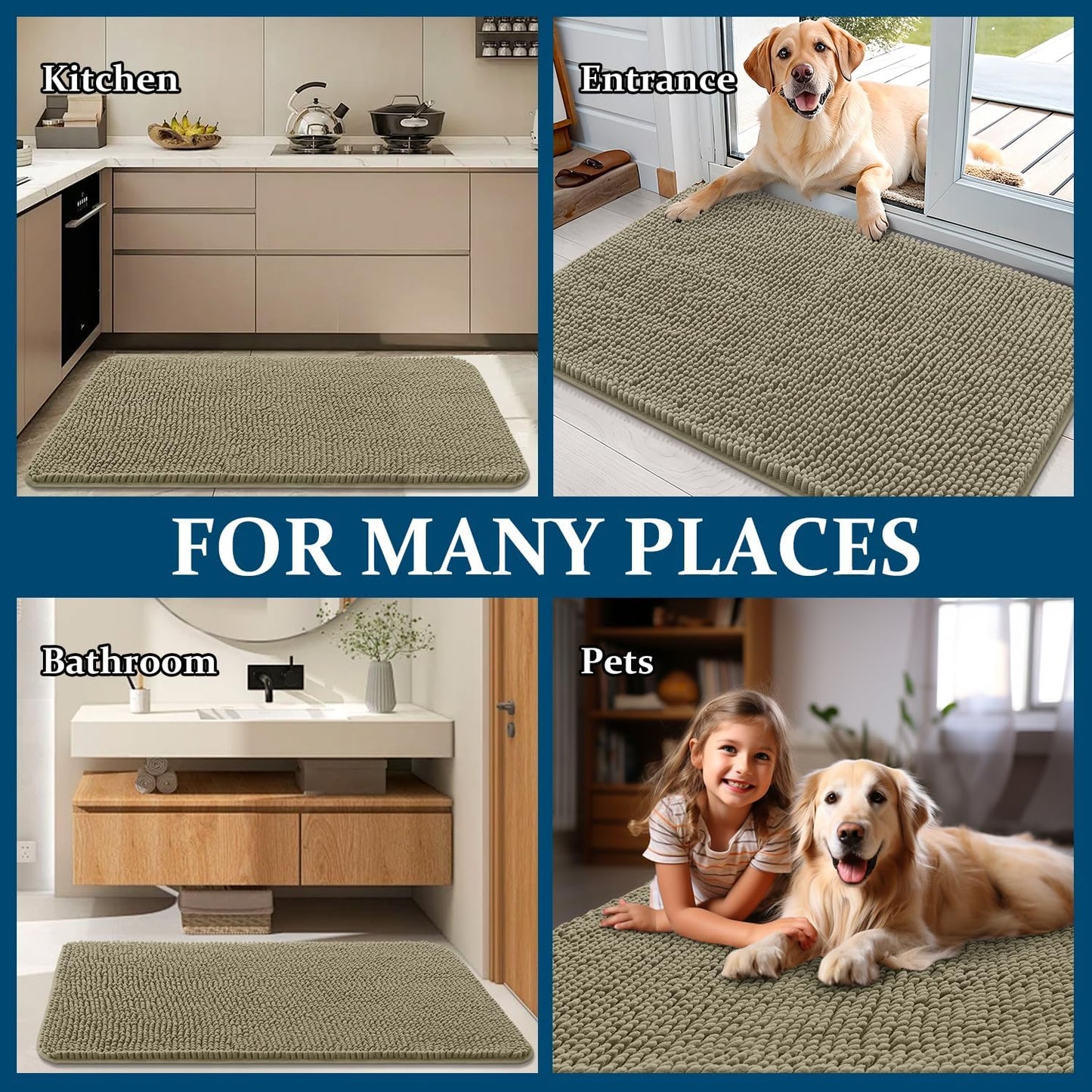 OLANLY Dog Door Mat - Absorbent Non-Slip Chenille for Muddy Paws | 35x24 Inches, Warm Taupe