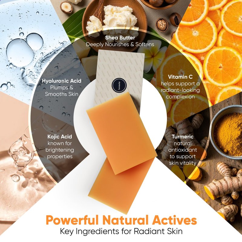 lunavia Kojic Acid Complexion Brightening Soap Bar with Vitamin C, Turmeric, Retinol, Collagen & Hyaluronic Acid – Brightening Face & Body Soap – Supports Brighter Skin, Even Skin Tone – 3 Pack
