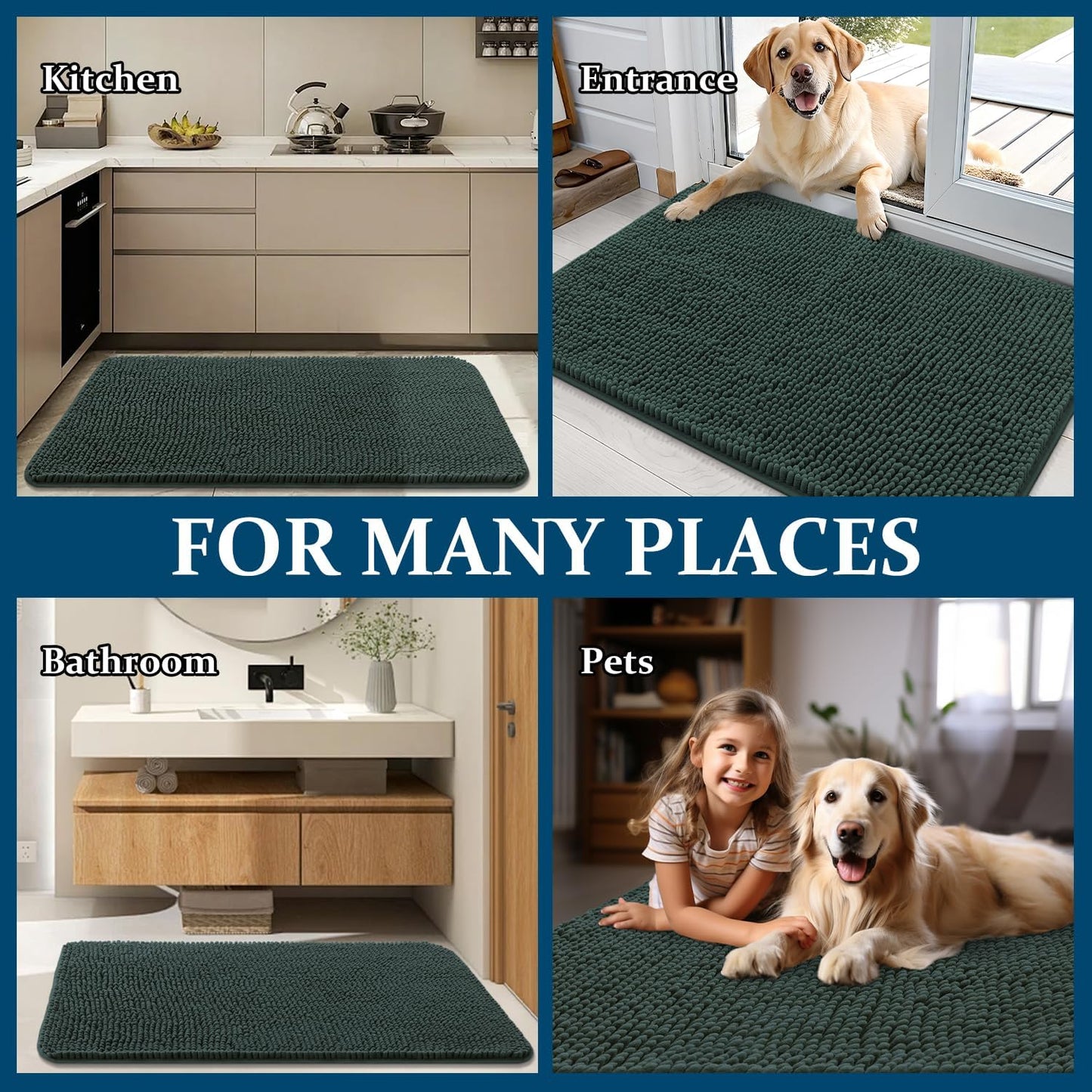 OLANLY Dog Door Mat - Absorbent Non-Slip Chenille Mat for Muddy Paws | 24x16 Inches, Blackish Green