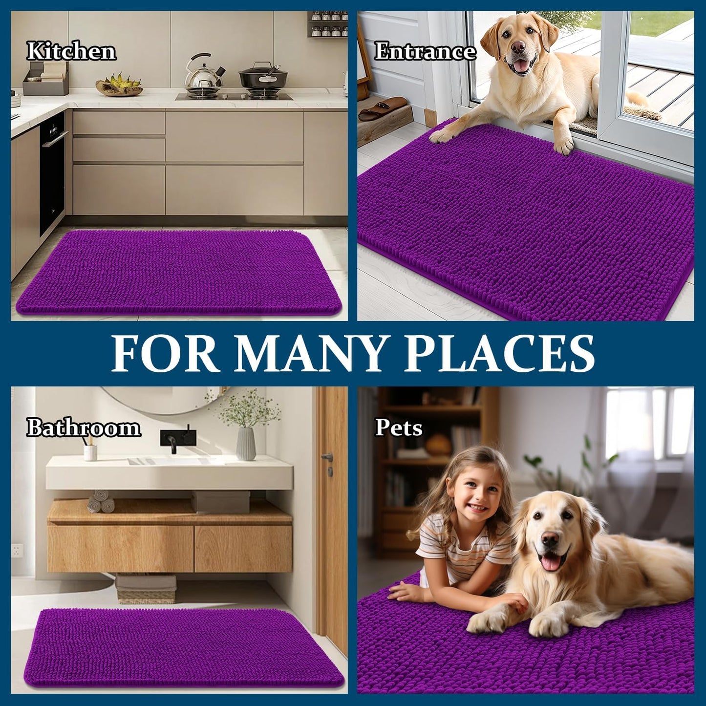 OLANLY Dog Door Mat - Absorbent Non-Slip Chenille Mat for Muddy Paws | 59x35 Inches, Purple