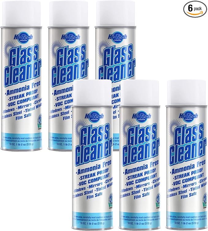 HI-TECH Streak Proof Glass Cleaner Spray – 18oz Aerosol Can, 6 Pack – Ammonia-Free, Tint & Plexiglass Safe, Professional Grade Window, Mirror, Auto, Stainless Steel & Chrome Cleaner, Streak-Free Shine