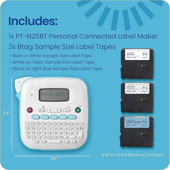 Brother P-Touch -N25BTV3 Personal Connected Label Maker, Bluetooth (Bundle), Design&Print2 app, Portable, Handheld, 3 Sample Label Tapes Included, Prints with Btag½â€ (12mm) Wide Tapes