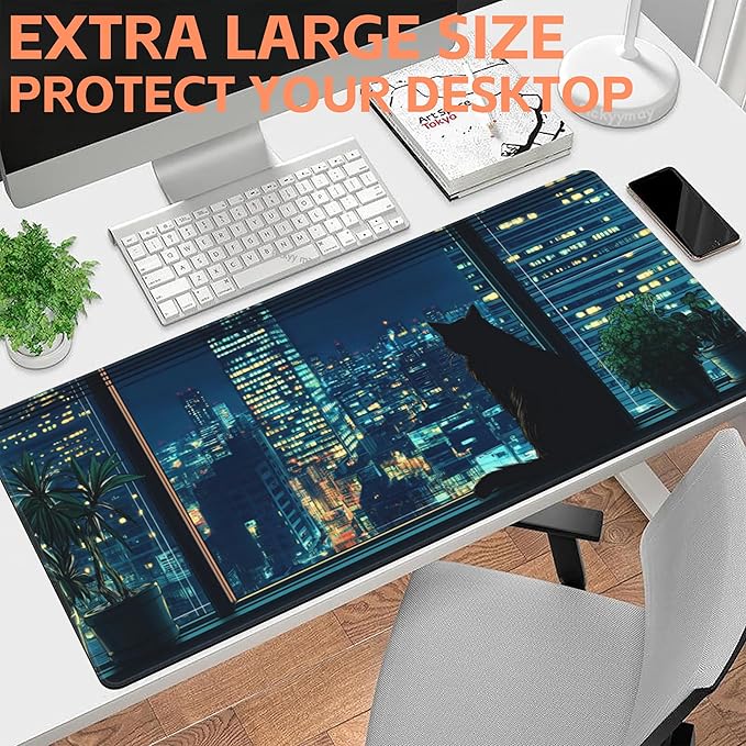 NIYLYNSYN Mouse Pad Large Black Cat Non-Slip Gaming Desk Mat with Stitched Edge Laptop Keyboard Desk Pad for Work Home Gaming (35.4 x 15.7 Inches)