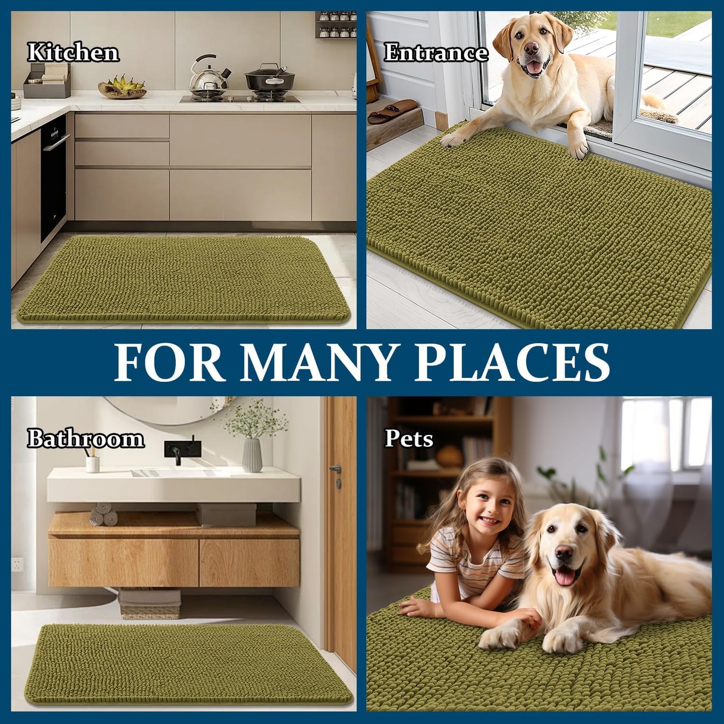 OLANLY Dog Door Mat - Absorbent Non-Slip Washable Doormat for Muddy Paws | 47x20 Inches, Willow Green