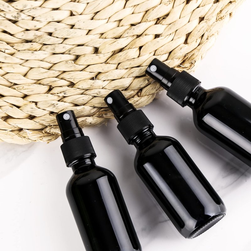 YONKAN 2oz UV Resistant Glass Spray Bottle, Fine Mist Boston Glass Bottles with Black Fine Mist Sprayer Small Clear Bottles for Essential Oils, Bath, Beauty, Hair & Cleaning, Black, Pack of 48
