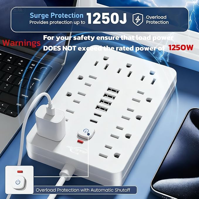 JouleLoom 2 Pack 5 FT Flat Plug Surge Protector Power Strip,11 Multiple AC Outlets with 6 USB Ports (2 USB C), 5 Feet Extension Cord, 1250W/10A, One Touch Switch Button, 17 in 1 Compact powerstrip