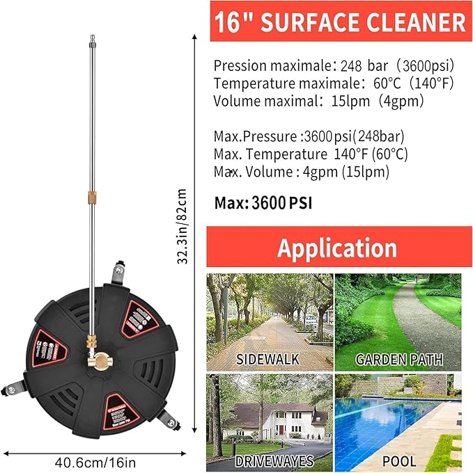 Outdoor Cleaner - Cleaner with 3 Wheels, High Pressure Washer Cleaner | Cleaner with Flexible Bristle Skirt, Cleaning Tool for Patio, Deck, Driveway (Black)