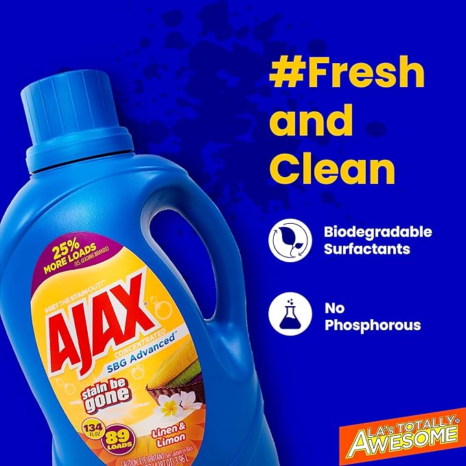Ajax SBG Advanced Laundry Detergent, Linen & Lemon Scent, 134oz (Pack of 4) â Totally Awesome Stain & Odor Remover, HE Compatible, Concentrated Liquid, 356 Loads, Color-Safe, Long-Lasting Freshness