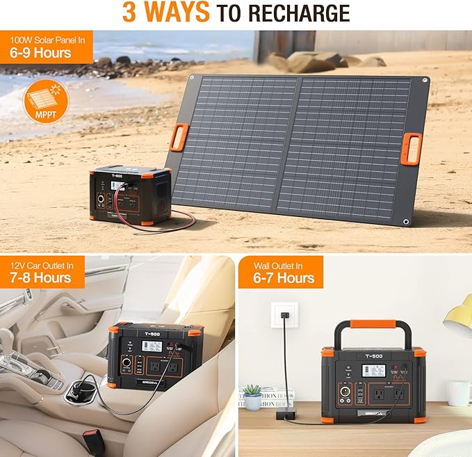 Portable Power Station 500W(Peak 1000W), 519.48Wh Outdoor Solar Generator with 2 AC(120V) Outlets, 10 Ports Powerhouse with USB-C PD Fast Charging for Travel, RV Camping, Off-Grid Living, Emergency