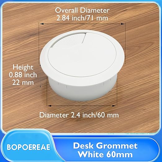 BOPOREAE Desk Grommet 2-3/8" (60 mm), Desk Cord Hole Cover, Cable Grommet ABS Plastic, Desk Hole Grommet for Office and Home Table Cable, Detachable Adjustable Cable Cord Organizer (White 2 Pcs)