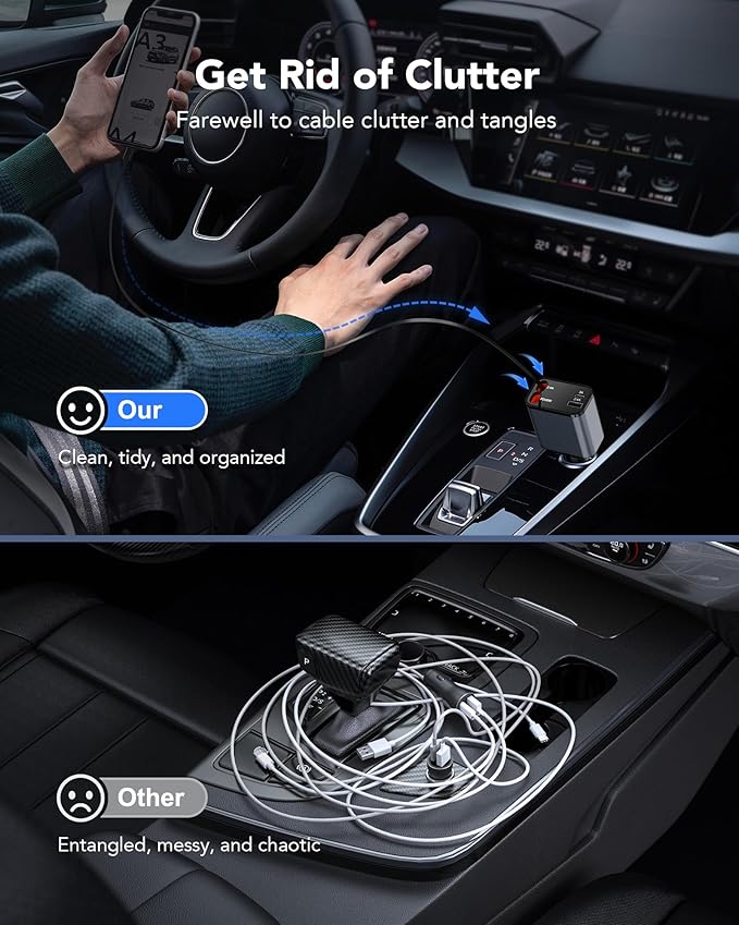 2026 Updated 85W Retractable Car Charger, 4-in-1 Fast Car Phone Charger with 2.6ft Two Retractable Cables and USB C+USB A Car Charging Block Cube, Compatible with iPhone 13 14 15 16 17 Pro Max, Plus