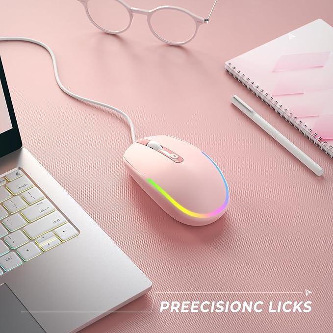 seenda Wired Mouse - USB Corded Mouse with Colorful RGB Backlit, Plug and Play, 1600 DPI Optical Tracking,Silent Computer Mouse for Laptop, PC, Chromebook, Desktop, Office, School, Home, Pink