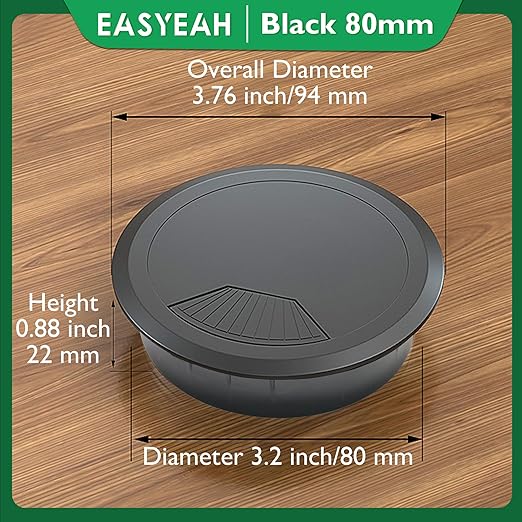 EASYEAH 2 Pcs Desk Grommet 3-1/8" / 80 mm, Desk Cord Hole Cover, Cable Grommet ABS Plastic, Desk Hole Grommet for Home & Office Pc, Detachable Adjustable Cable Cord Organizer-Black