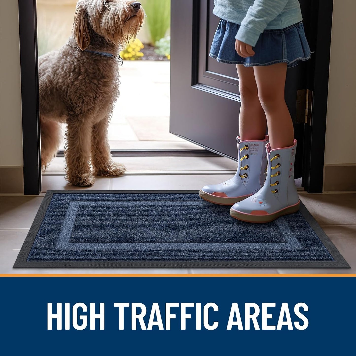 OLANLY Waterproof Front Door Mat - All-Season, Sturdy Natural Rubber, Easy Clean | 47x17, Blue