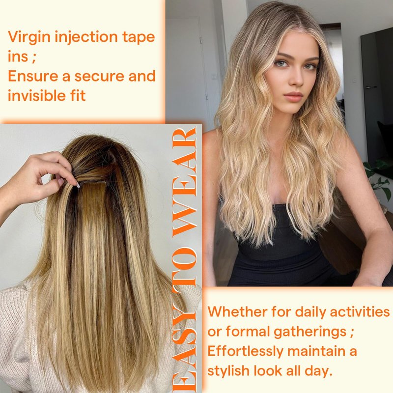 Full Shine Invisible Tape in Hair Extensions Human Hair, Color 330 Copper Rose, Injected Tape in Extensions, 10Grams, 5Pcs, 16 Inch, Virgin Hair, Natural Soft, Bridal Waves