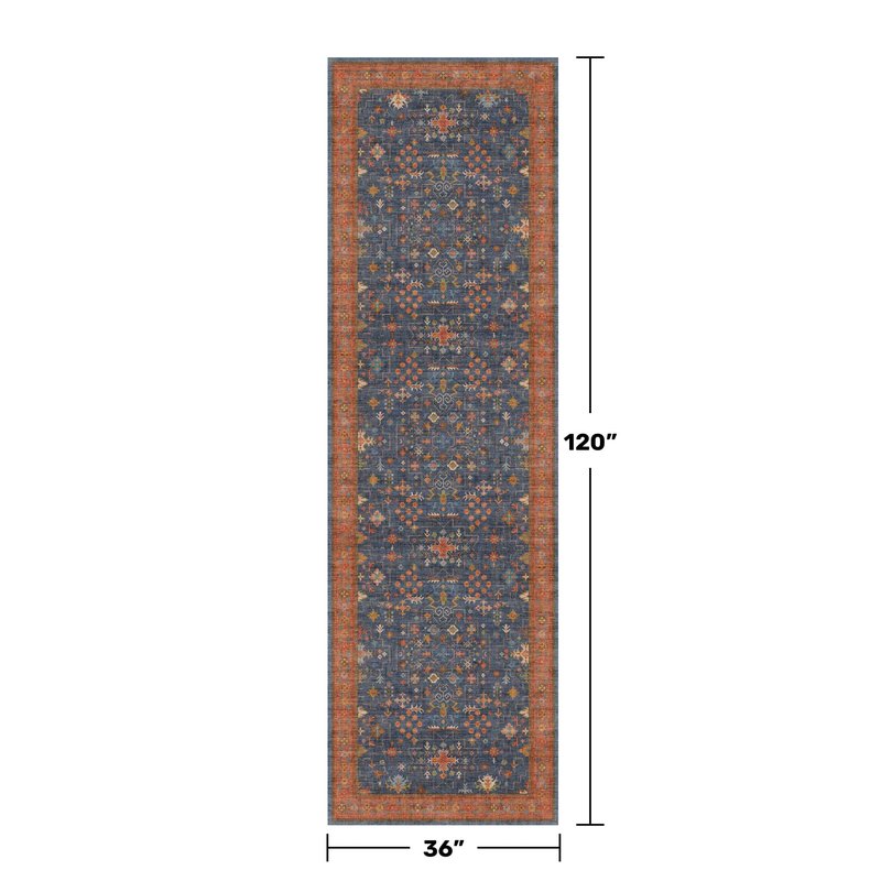 Washable 10 ft Long Runner for Hallway - Navy Blue Kitchen Floor Runner Rug, Pet Friendly Waterproof Non Slip with Rubber Backing, Stain Resistant Laundry Room Rug (3x10 Navy Blue & Terracotta)