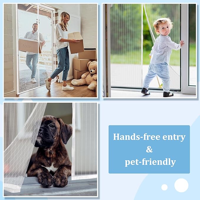 Amzjjle Magnetic Screen Door - Self Sealing, Heavy Duty, Hands Free Mesh Partition Keeps Bugs Out Let Breeze in- Pet and Kid Friendly - Keep Open Feature (White, Fit Door Size 34 x 80 Inch)