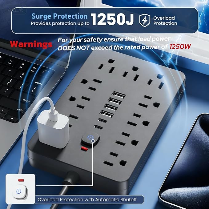 JouleLoom 5 FT Flat Plug Surge Protector Power Strip,11 Multiple AC Outlets with 6 USB Ports (2 USB C), 5 Feet Extension Cord, 1250W/10A, One Touch Switch Button, 17 in 1 Compact powerstrip