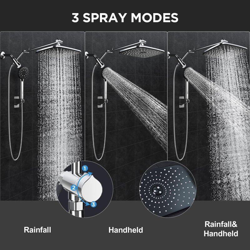 Veken 11.8" Rain Shower Head with Handheld, High Pressure Handheld Shower with Multi Spray Modes, Rainfall Combo with Metal Extension Arm, Detachable Dual Showerhead, Bathroom Decor, Chrome Silver