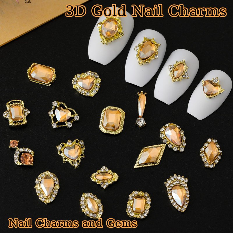 ZUMILLMN Gold Nail Charms, Gold Nail Charms, 20Pcs 3D Nail Charms 20 Styles Metal Nail Art Charms Champagne-Color Gem Charms for Nails(Champagne-Color Gem)
