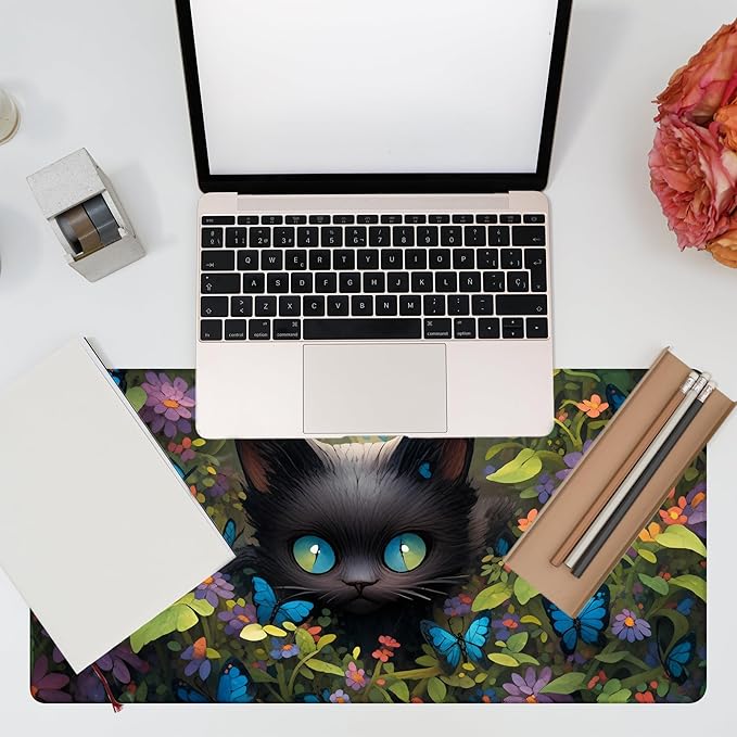 KOAIWPAE Desk Pad, Cute Black Cat Desk Mat, Cat Among Butterfly Flowers Large Gaming Mouse Pad for Desk, 31.5"x15.7" Extended Big Computer Keyboard Mouse Pad with Non-Slip Base and Stitched Edge