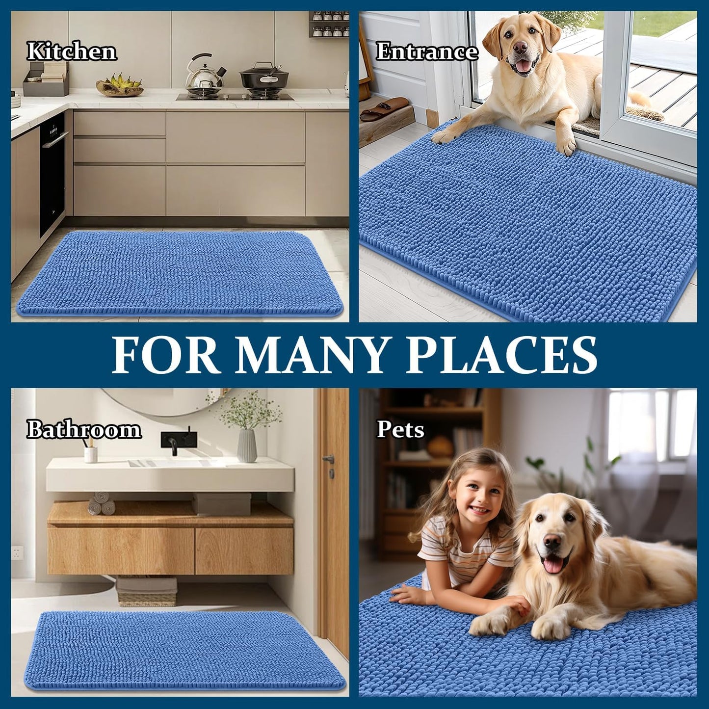 OLANLY Dog Door Mat - Absorbent Non-Slip Washable Doormat for Muddy Paws | 44x24 Cornflower Blue