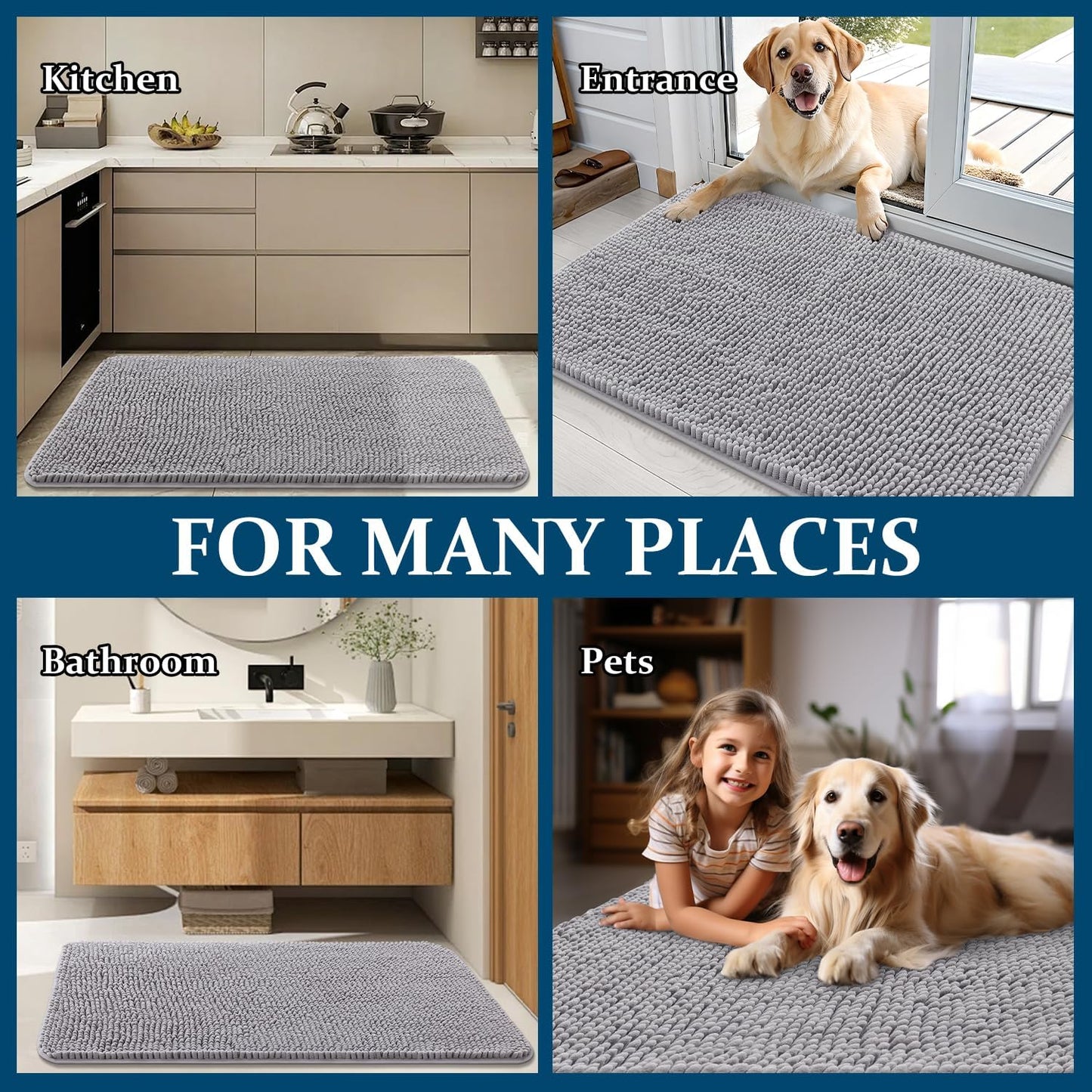 OLANLY Dog Door Mat - Absorbent Non-Slip Chenille Mat for Muddy Paws | 47x17 Inches, Light Grey